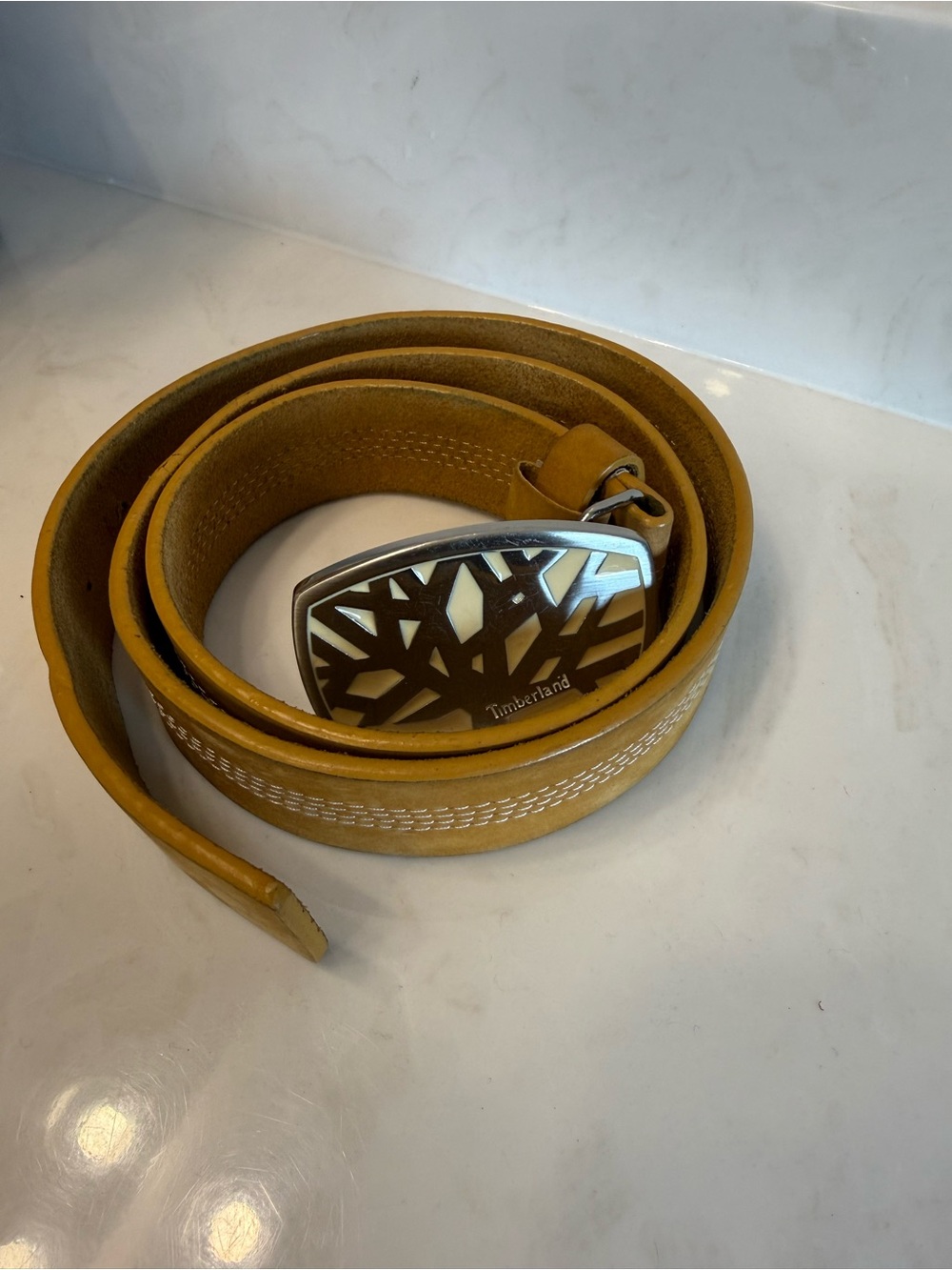 Timberland Men's Yellow Leather Belt with Signature Tree Buckle